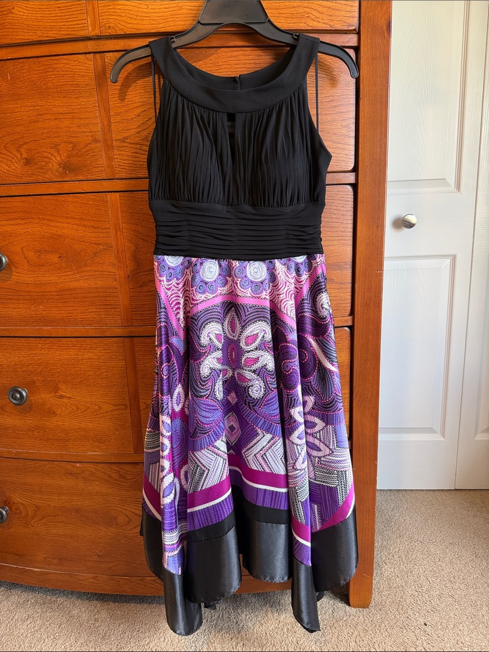 Dress Barn Black Bodice with Purple and Pink Patterned Skirt Asymmetrical Dress